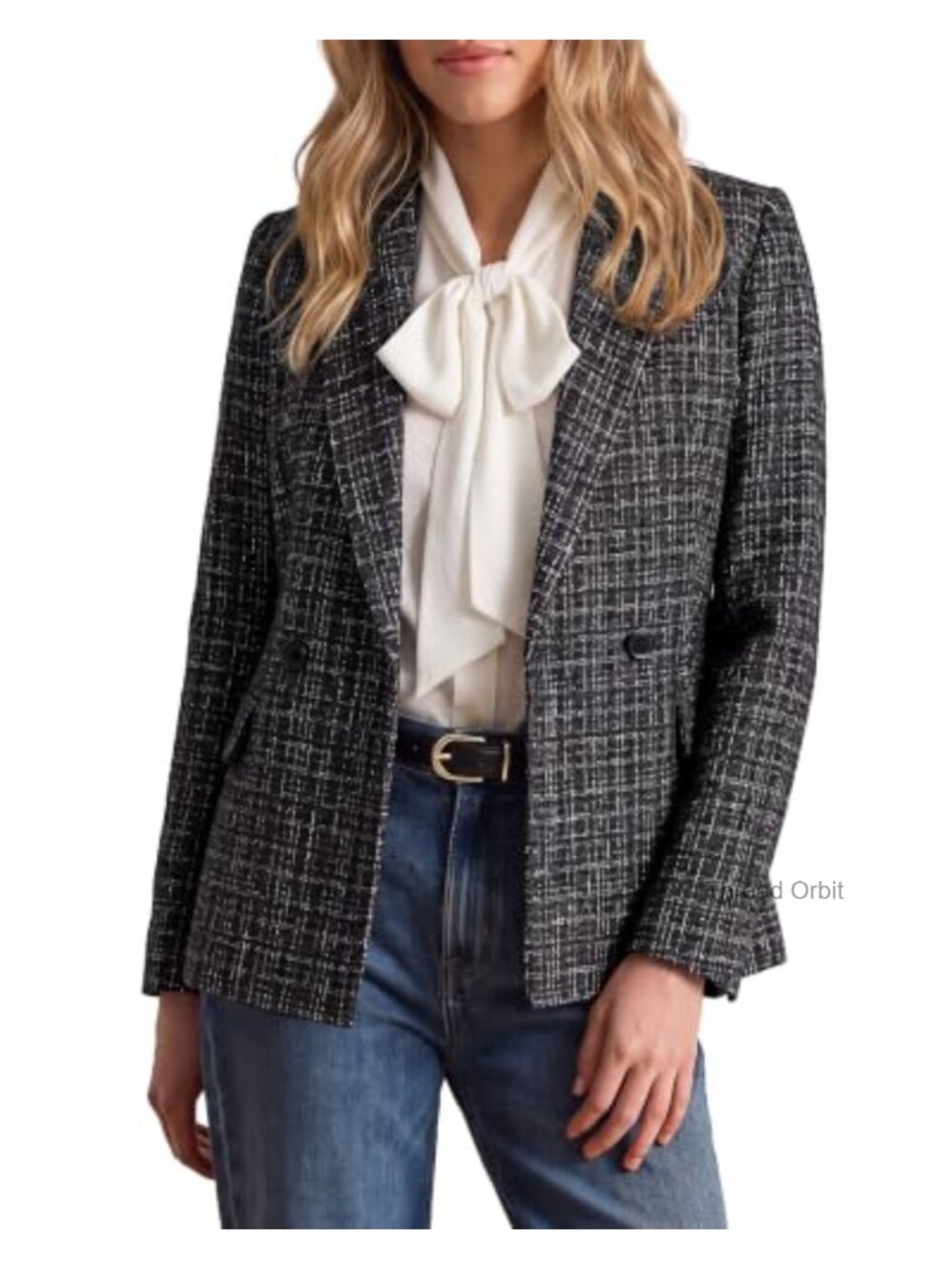 Tweed Blazer Double Breasted Notched Lapel Office Jacket
